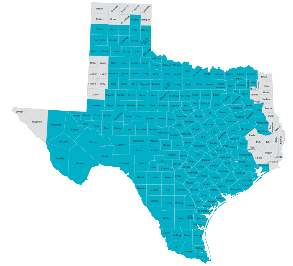 map showing counties served by ERCOT