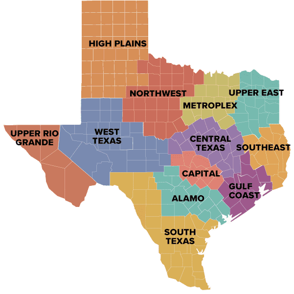 a map showing the location of the twelve regions.  Refer to the dropdown menu to locate regions by county.