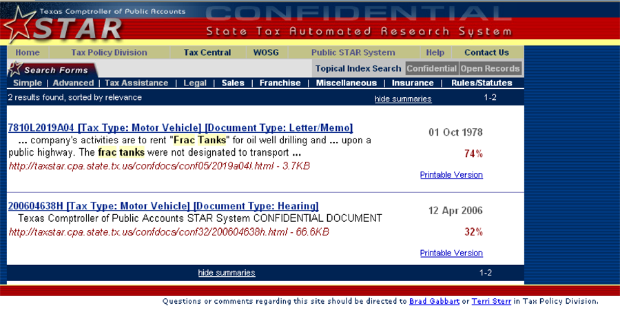 his is an example of the results from searching for frac tanks in the STAR Sytem