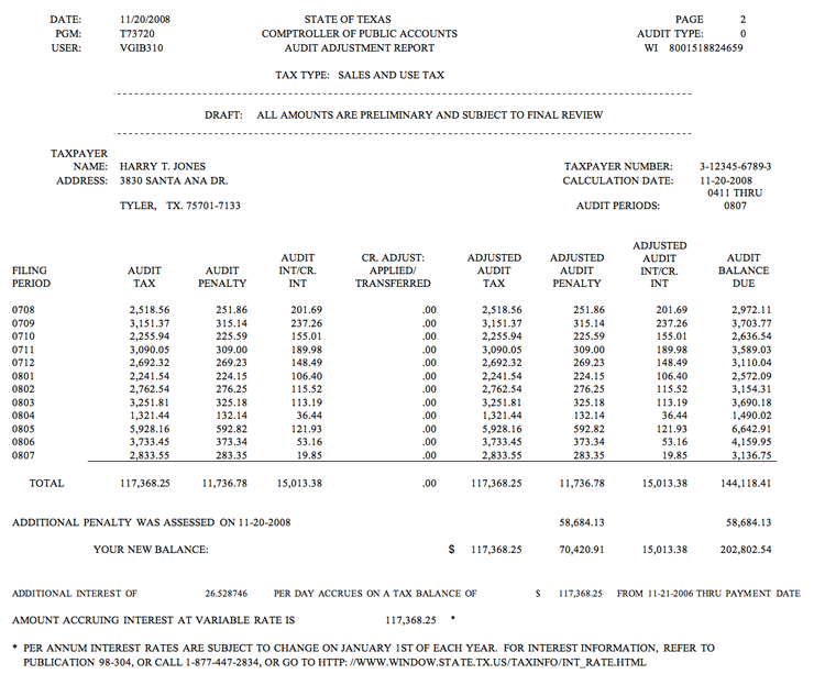 This is an example of an Audit Adjustment Report with summary information at the bottom.