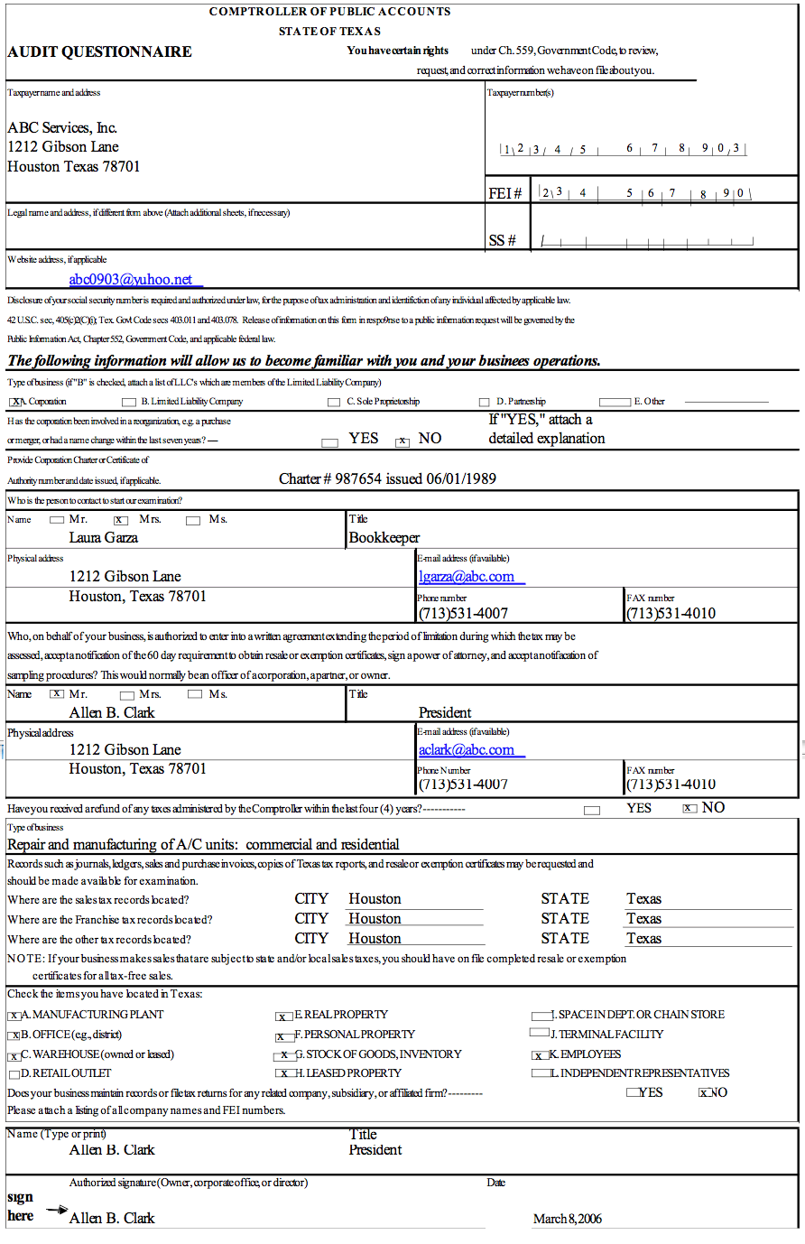 This is an example of an Audit Questionnaire