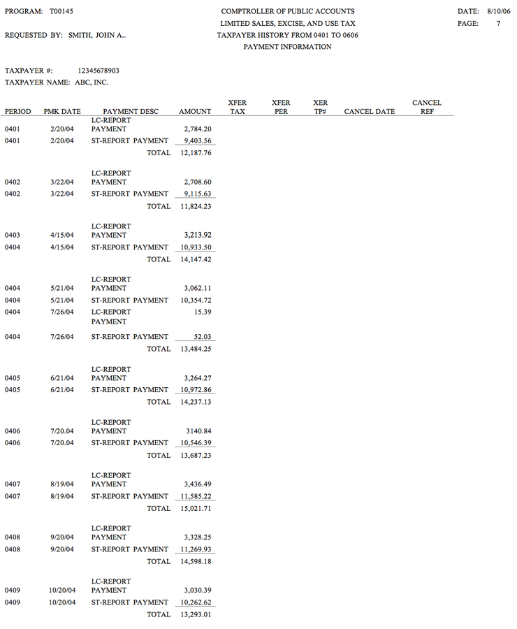 This is an example of the payment information page from an Audit History