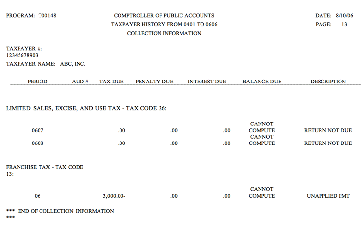 This is an example of the Collection information page from an Audit Histor