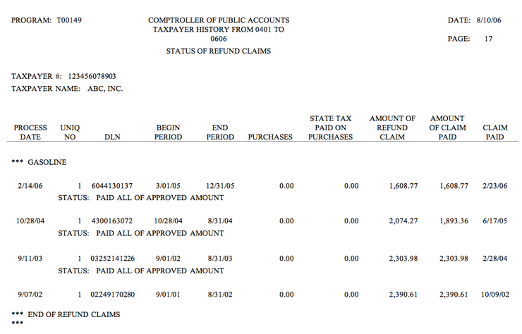 This is an example of the status of refund claims page from an Audit History