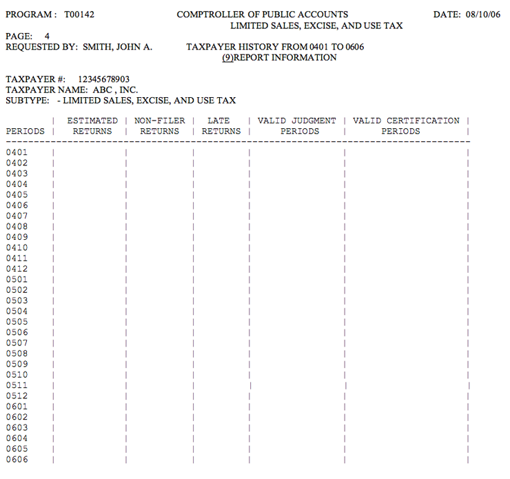 This is an example of the report information page from an Audit History